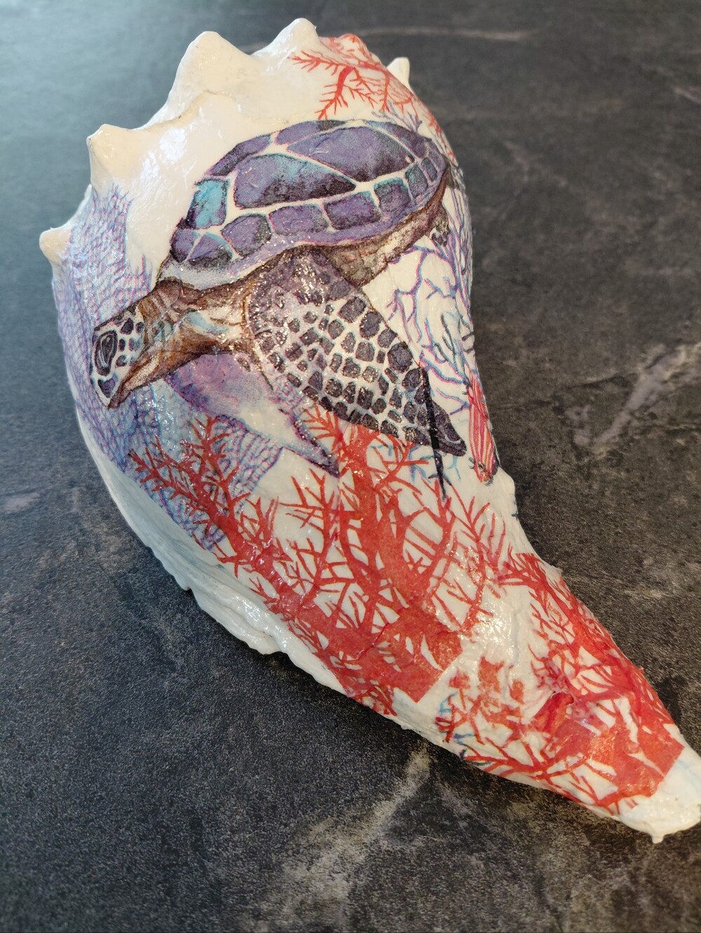 Decorative Turtle Shell Ornament in White with Blue and Coral Accents